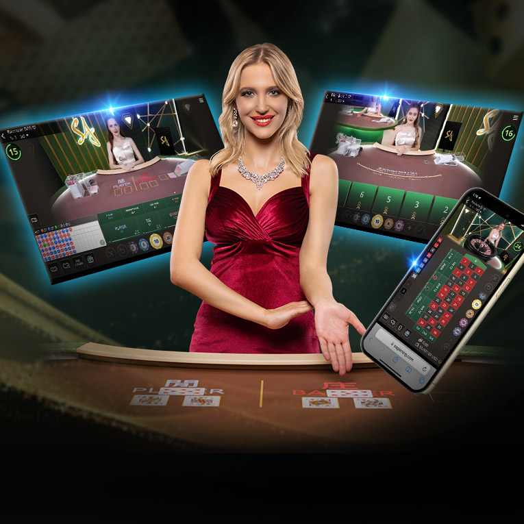 ดีลเลอร์ไลฟ์ของ Sa Gaming สวมเดรสแดงยืนที่โต๊ะเกม พร้อมมือถือและแท็บเล็ตแสดงอินเทอร์เฟซ Sa Gaming